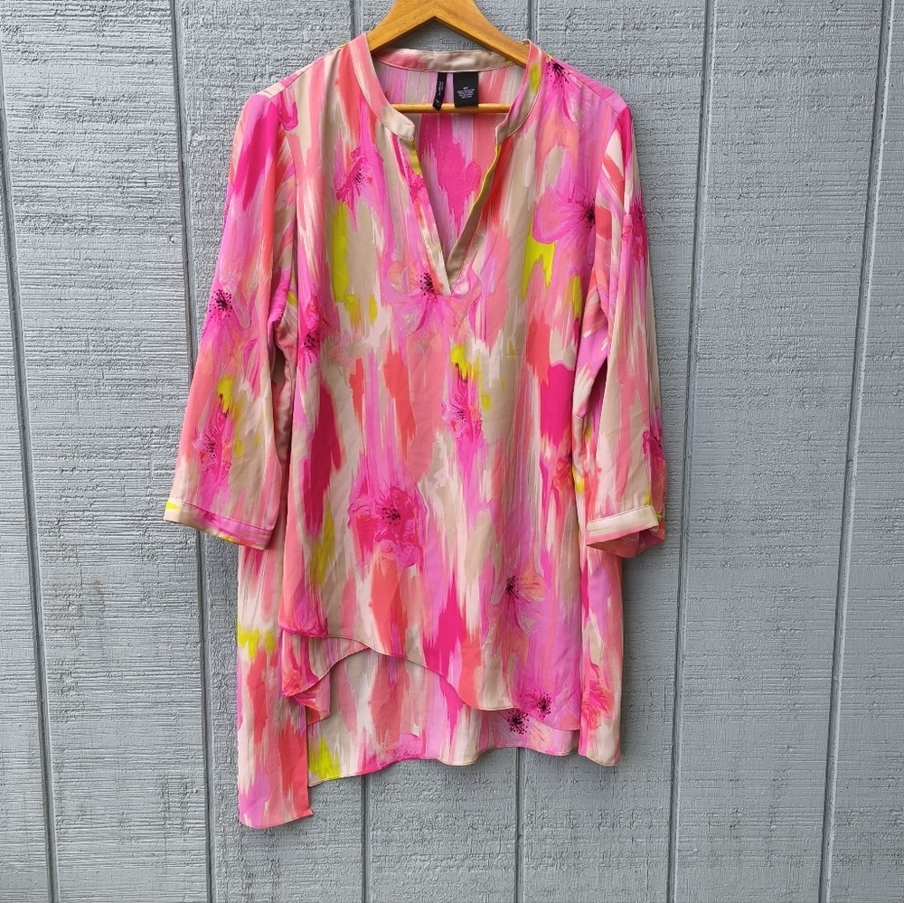 New Directions Abstract Asymmetrical Tunic sz 2X Pink Artsy Flowy Office Mature